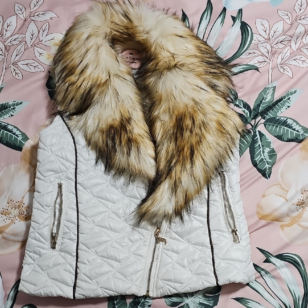 Juicy Couture White and Brown Teddy Jacket with Plush Collar